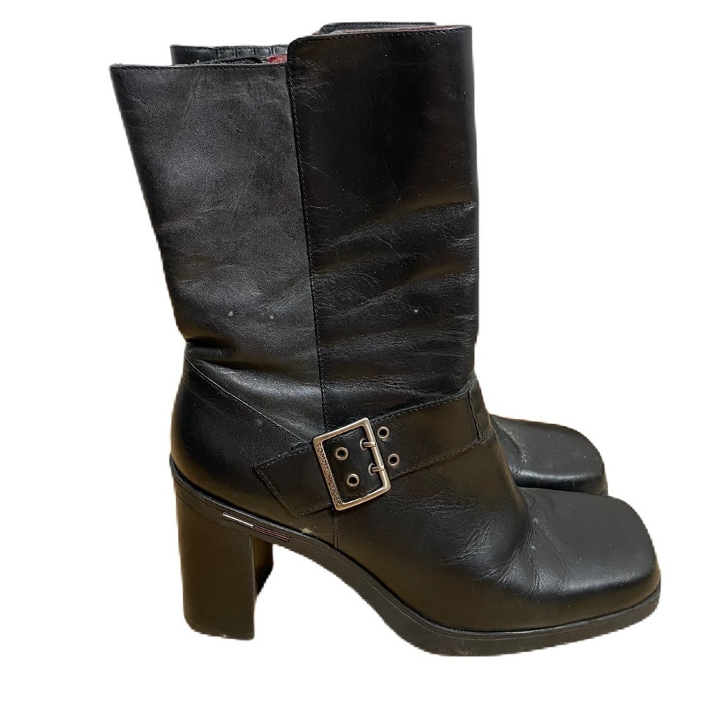 Tommy Hilfiger Black Leather Combat Boots Vintage 90s 8.5 Buckle Chunky Kitten